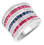 ruby sapphire and diamond wide band ring in rhodium over sterling silver