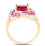 side view of ruby (ff) and white topaz swirl clover ring in 14k yellow gold over sterling silver