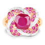 front view of ruby (ff) and white topaz swirl clover ring in 14k yellow gold over sterling silver