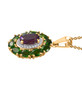 side view of amethyst moissanite and chrome diopside pendant necklace in 18k yellow gold over sterling silver