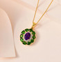 amethyst moissanite and chrome diopside pendant necklace in 18k yellow gold over sterling silver shown in a lifestyle photo