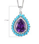 amethyst sleeping beauty turquoise and moissanite halo cluster pendant necklace in rhodium over sterling silver shown for size comparison