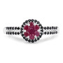 front view of ruby and black spinel cluster halo ring in rhodium over sterling silver