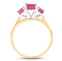 side view of ruby (ff) round trilogy ring in rhodium and 14k yellow gold over sterling silver