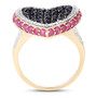 side view of sapphire and ruby heart cluster ring in rhodium and 14k yellow gold over sterling silver