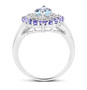 side view of aquamarine and tanzanite marquise halo ring in rhodium over sterling silver