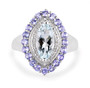 front view of aquamarine and tanzanite marquise halo ring in rhodium over sterling silver