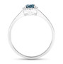 side view of round blue and white diamond halo wedding ring in 14k white gold