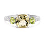 front view of lemon quartz peridot and white topaz trilogy ring in rhodium over sterling silver