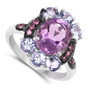 angled view of amethyst and tanzanite rhodolite ring in black rhodium over sterling silver