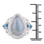 labradorite london blue and white topaz cocktail ring in rhodium over sterling silver shown for size comparison