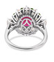 back view of ruby opal and chrome diopside halo ring in rhodium over sterling silver