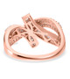 back view of champagne and white diamond crossover bypass ring in 18k rose gold and rhodium over sterling silver