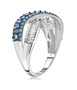 side view of blue and white diamond crossover bypass ring in blue and white rhodium over sterling silver