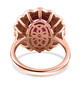 back view of ruby (ff) brown and white zircon halo ring in 18k rose gold over sterling silver