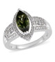 moldavite and white zircon ring in rhodium over sterling silver
