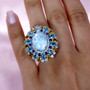 larimar amethyst citrine apatite and zircon statement ring in rhodium over sterling silver worn on a hand