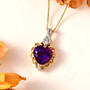 heart amethyst and moissanite pendant necklace in 18k yellow gold over sterling silver shown in a lifestyle photo