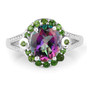 front view of mystic quartz and chrome diopside ring in rhodium over sterling silver