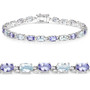 full view of aquamarine and tanzanite oval tennis bracelet in rhodium over sterling silver