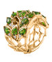side view of chrome diopside and zircon openwork feather ring in 18k yellow gold over sterling silver
