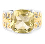 front view of lemon quartz solitaire two-tone 14k yellow gold and rhodium over sterling silver scroll ring