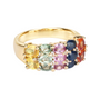 angled view of multi sapphire and white topaz band ring in 14k yellow gold over sterling silver