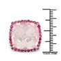 rose quartz and rhodolite cushion halo ring in rhodium over sterling silver shown for size comparison