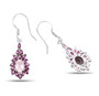 back view of rose quartz and rhodolite garnet fish hook halo earrings in rhodium over sterling silver
