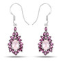rose quartz and rhodolite garnet fish hook halo earrings in rhodium over sterling silver