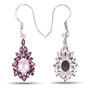 full view of rose quartz and rhodolite garnet fish hook halo earrings in rhodium over sterling silver