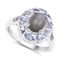 angled view of gray moonstone and tanzanite halo ring in rhodium over sterling silver