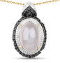 front view of gray moonstone and black spinel halo pendant necklace in rhodium over sterling silver