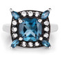front view of london blue topaz and white topaz halo ring in black and white rhodium over sterling silver