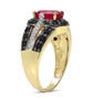 side view of ruby and black spinel ring in black and white rhodium and 14k yellow gold over sterling silver