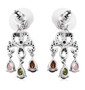 back view of black spinel and multi color tourmaline chandelier earrings in black and white rhodium over sterling silver