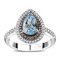 front view of aquamarine champagne and white diamond halo ring in 10k white gold