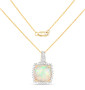 full view of ethiopian opal and white diamond cushion halo necklace in solid 14k yellow gold