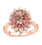 morganite pink sapphire and freshwater pearl halo ring in 18k rose gold over sterling silver