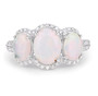 front view of ethiopian opal and white diamond trilogy ring in solid 14k white gold