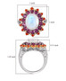 rainbow moonstone rhodolite garnet fire opal and zircon halo ring in 18k yellow gold and rhodium over sterling silver shown for size comparison