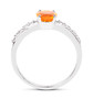 side view of fire opal and white topaz solitaire ring in rhodium over sterling silver