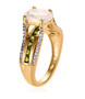 side view of ethiopian opal chrome diopside and white zircon bridge ring in 18k yellow gold over sterling silver