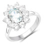 full view of aquamarine and white topaz halo jewelry set in rhodium over sterling silver