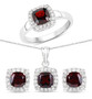 garnet and white topaz cushion halo jewelry set in rhodium over sterling silver