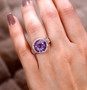 rose de france amethyst and white zircon ring in 18k rose gold over sterling silver worn on a hand
