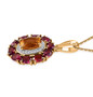 side view of heliodor rhodolite garnet and moissanite halo pendant necklace in 18k rose gold over sterling silver