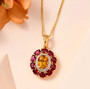 heliodor rhodolite garnet and moissanite halo pendant necklace in 18k rose gold over sterling silver shown in a lifestyle photo