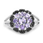front view of tanzanite and black spinel cluster ring in black and white rhodium over sterling silver