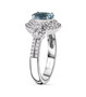 side view of aquamarine and diamond halo ring in 950 platinum